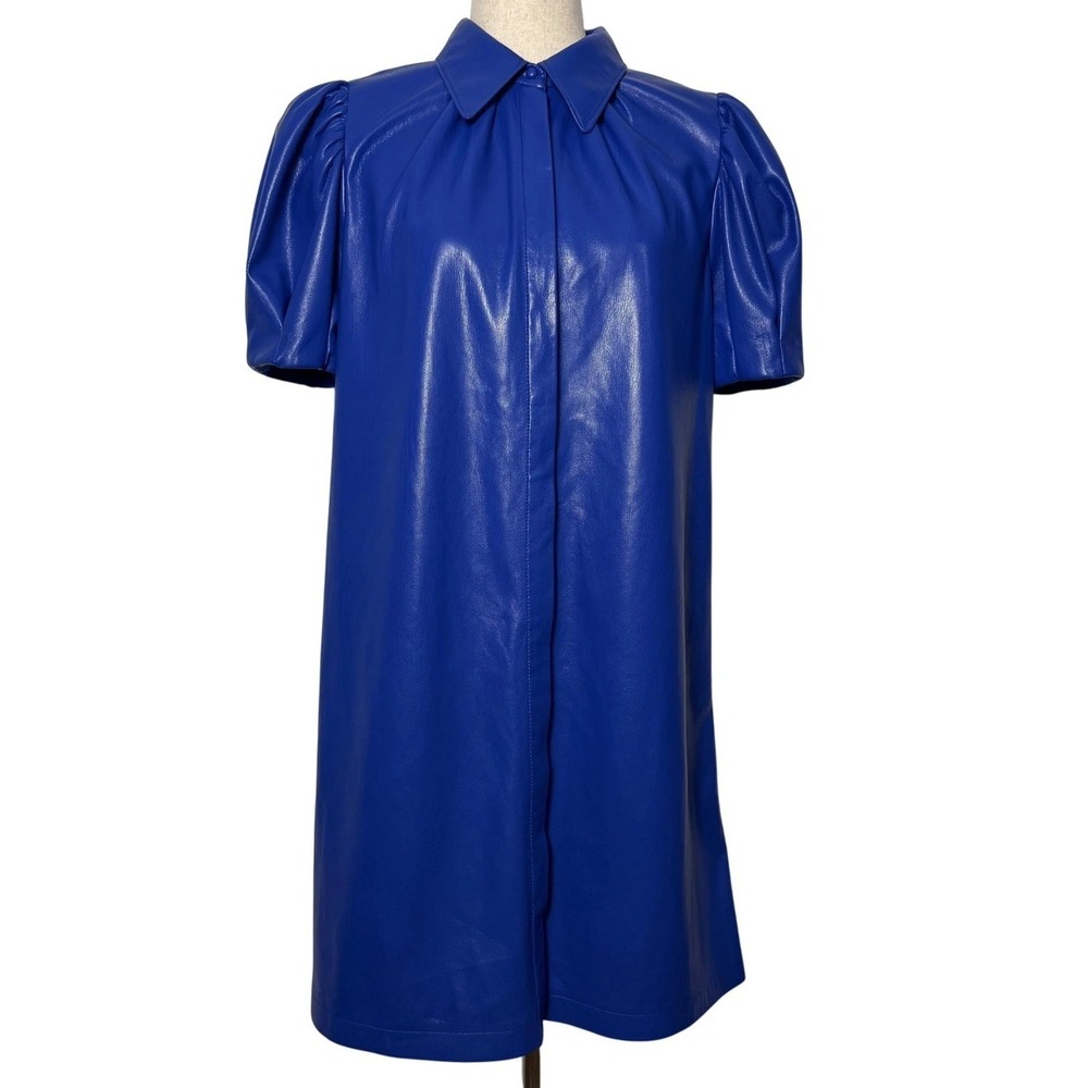 Alice + Olivia Jem Faux Leather Puff Sleeve Shirtdress Womens Large Royalty Blue